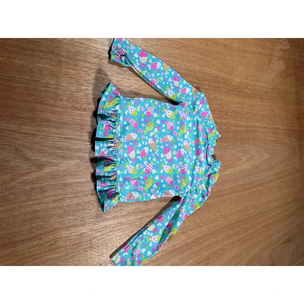 Flap Happy Rash Guard Kids Size 3 Blue Fish Heart Print Long Sleeve Ruffle Swim